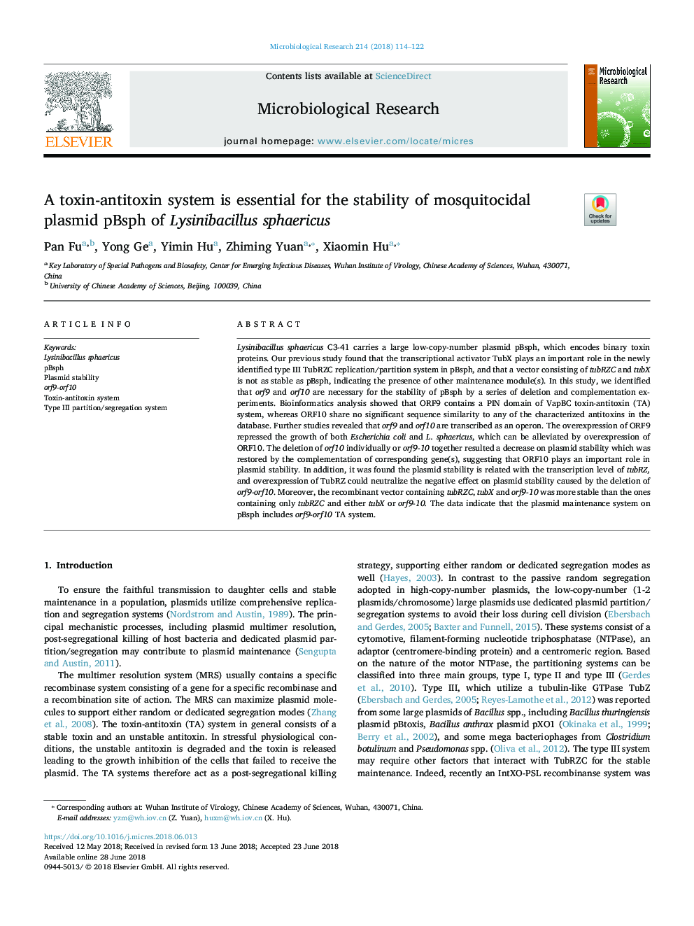 A toxin-antitoxin system is essential for the stability of mosquitocidal plasmid pBsph of Lysinibacillus sphaericus