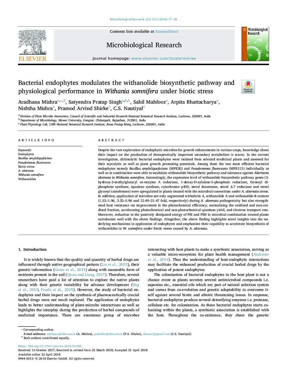 Bacterial endophytes modulates the withanolide biosynthetic pathway and physiological performance in Withania somnifera under biotic stress