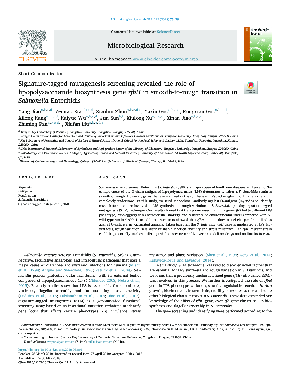 Signature-tagged mutagenesis screening revealed the role of lipopolysaccharide biosynthesis gene rfbH in smooth-to-rough transition in Salmonella Enteritidis