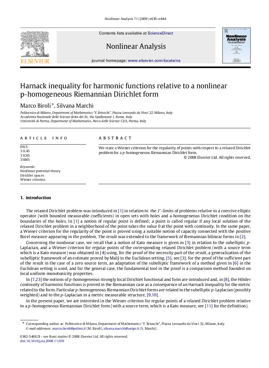 Harnack inequality for harmonic functions relative to a nonlinear p-homogeneous Riemannian Dirichlet form