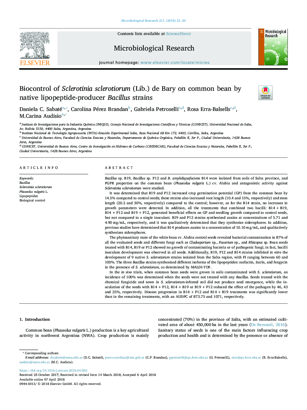 عکس صفحه اول مقاله: Biocontrol of Sclerotinia sclerotiorum (Lib.) de Bary on common bean by native lipopeptide-producer Bacillus strains Biocontrol of Sclerotinia sclerotiorum (Lib.) de Bary on common bean by native lipopeptide-producer Bacillus strains