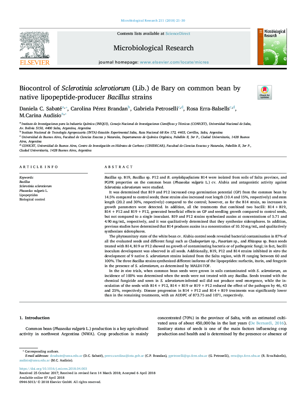 Biocontrol of Sclerotinia sclerotiorum (Lib.) de Bary on common bean by native lipopeptide-producer Bacillus strains