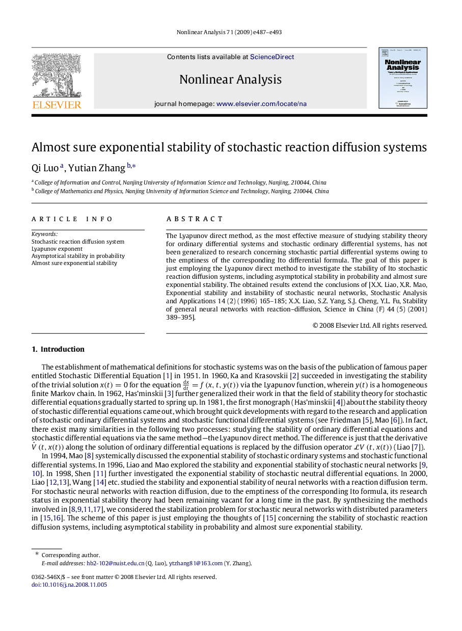 Almost sure exponential stability of stochastic reaction diffusion systems