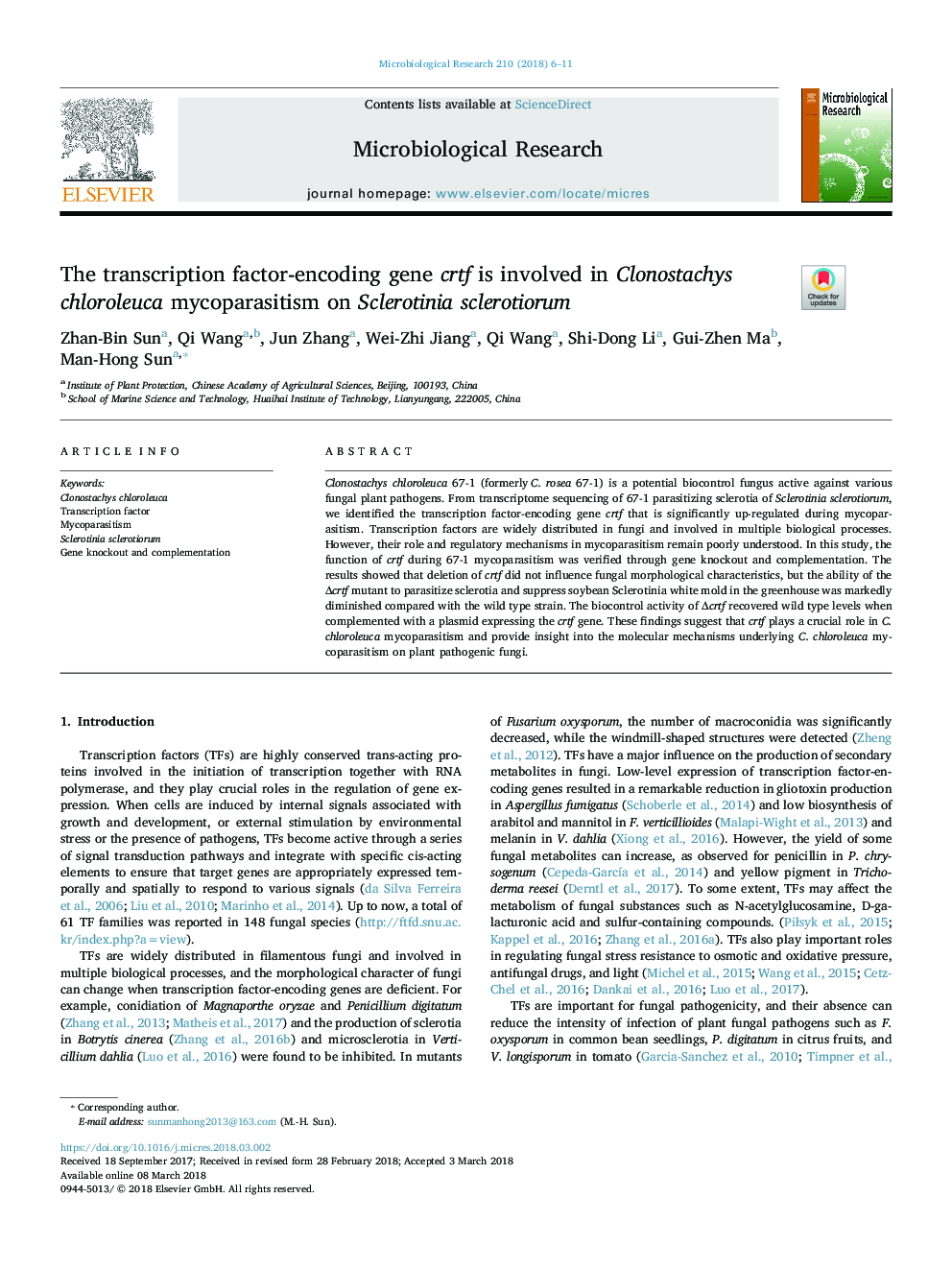 The transcription factor-encoding gene crtf is involved in Clonostachys chloroleuca mycoparasitism on Sclerotinia sclerotiorum