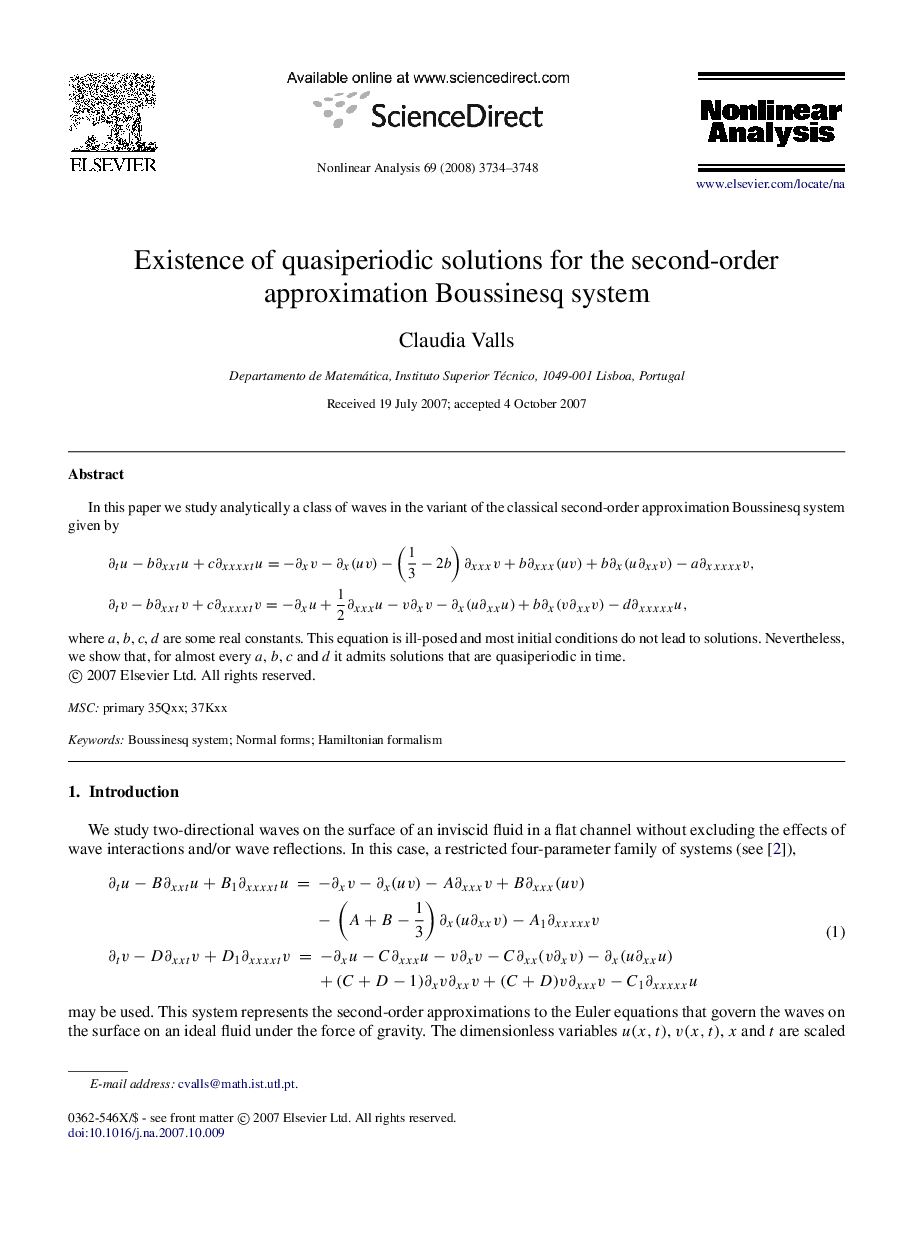 عکس صفحه اول مقاله: Existence of quasiperiodic solutions for the second-order approximation Boussinesq system Existence of quasiperiodic solutions for the second-order approximation Boussinesq system