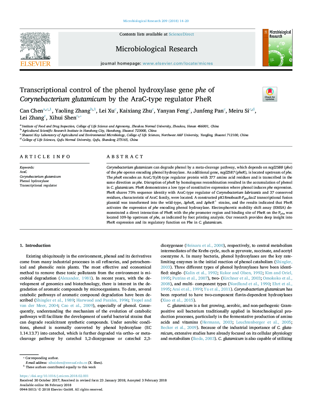 Transcriptional control of the phenol hydroxylase gene phe of Corynebacterium glutamicum by the AraC-type regulator PheR