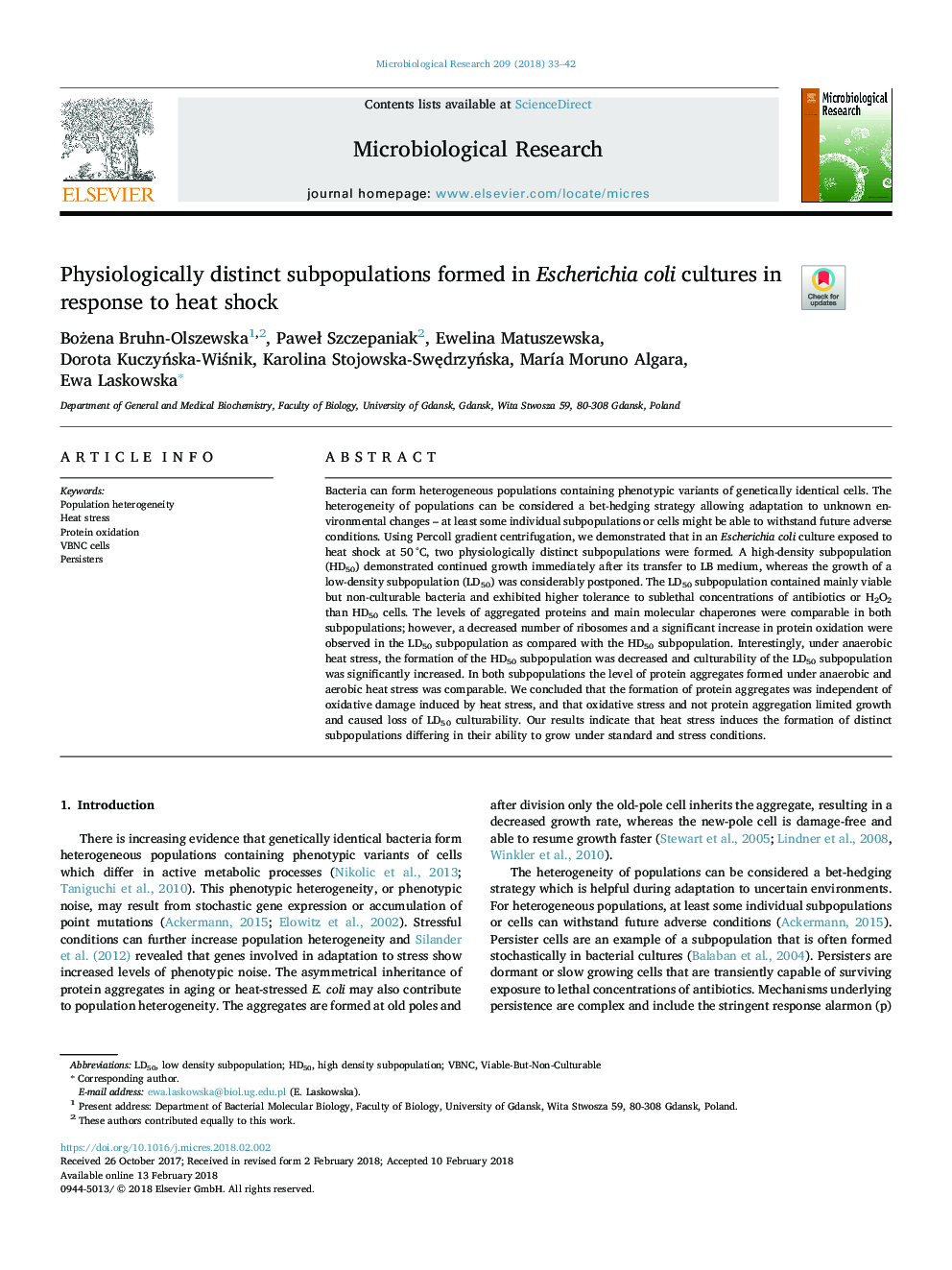 Physiologically distinct subpopulations formed in Escherichia coli cultures in response to heat shock