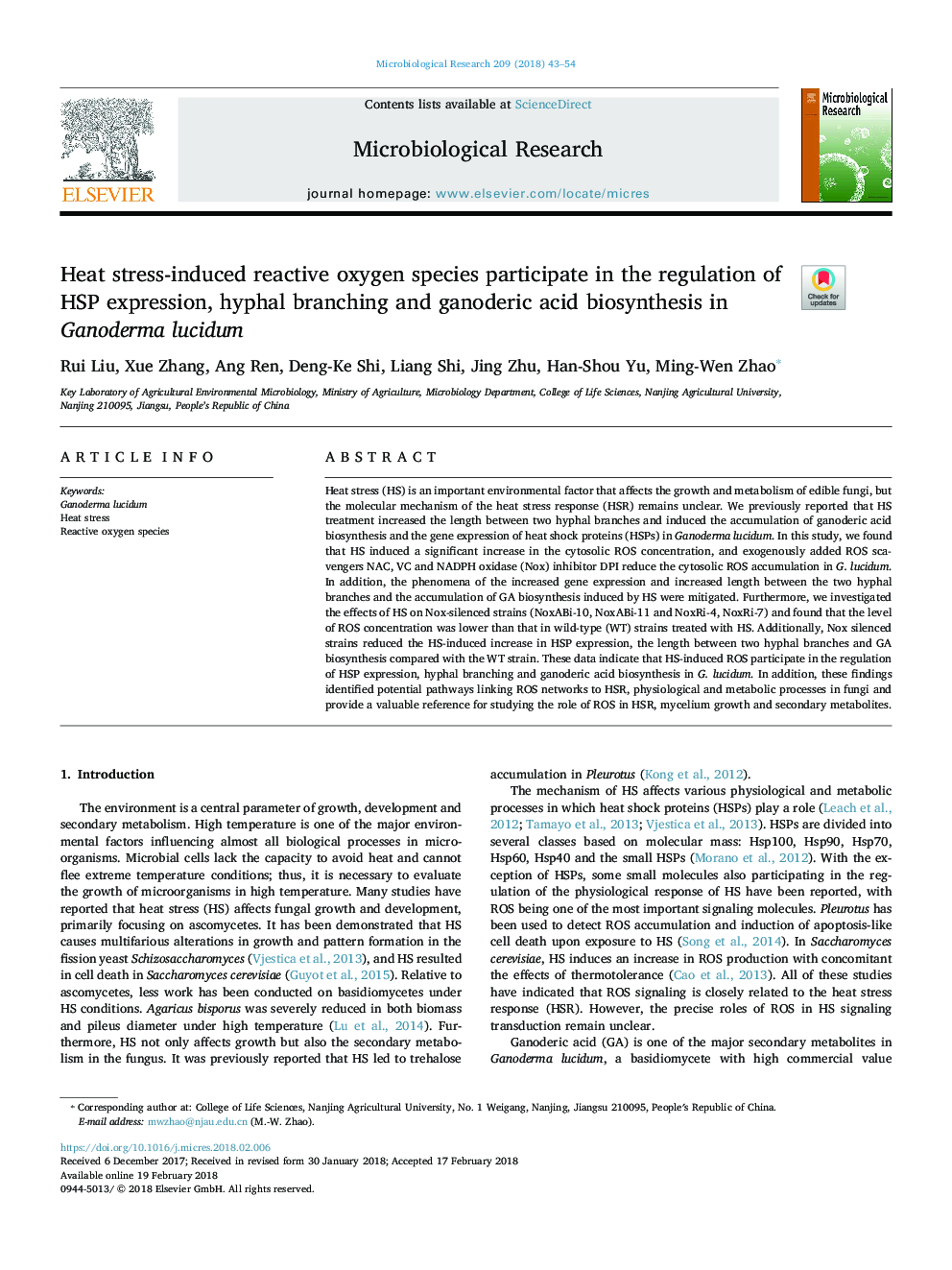 Heat stress-induced reactive oxygen species participate in the regulation of HSP expression, hyphal branching and ganoderic acid biosynthesis in Ganoderma lucidum