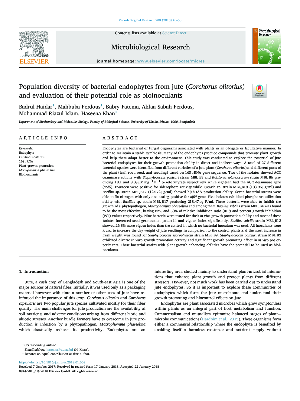 Population diversity of bacterial endophytes from jute (Corchorus olitorius) and evaluation of their potential role as bioinoculants