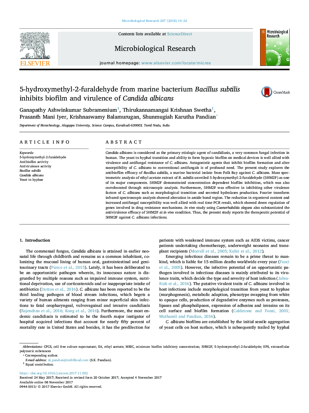 5-hydroxymethyl-2-furaldehyde from marine bacterium Bacillus subtilis inhibits biofilm and virulence of Candida albicans