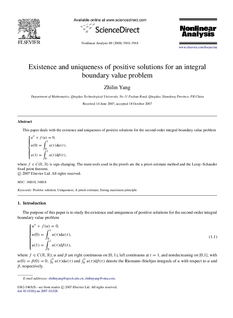 Existence and uniqueness of positive solutions for an integral boundary value problem