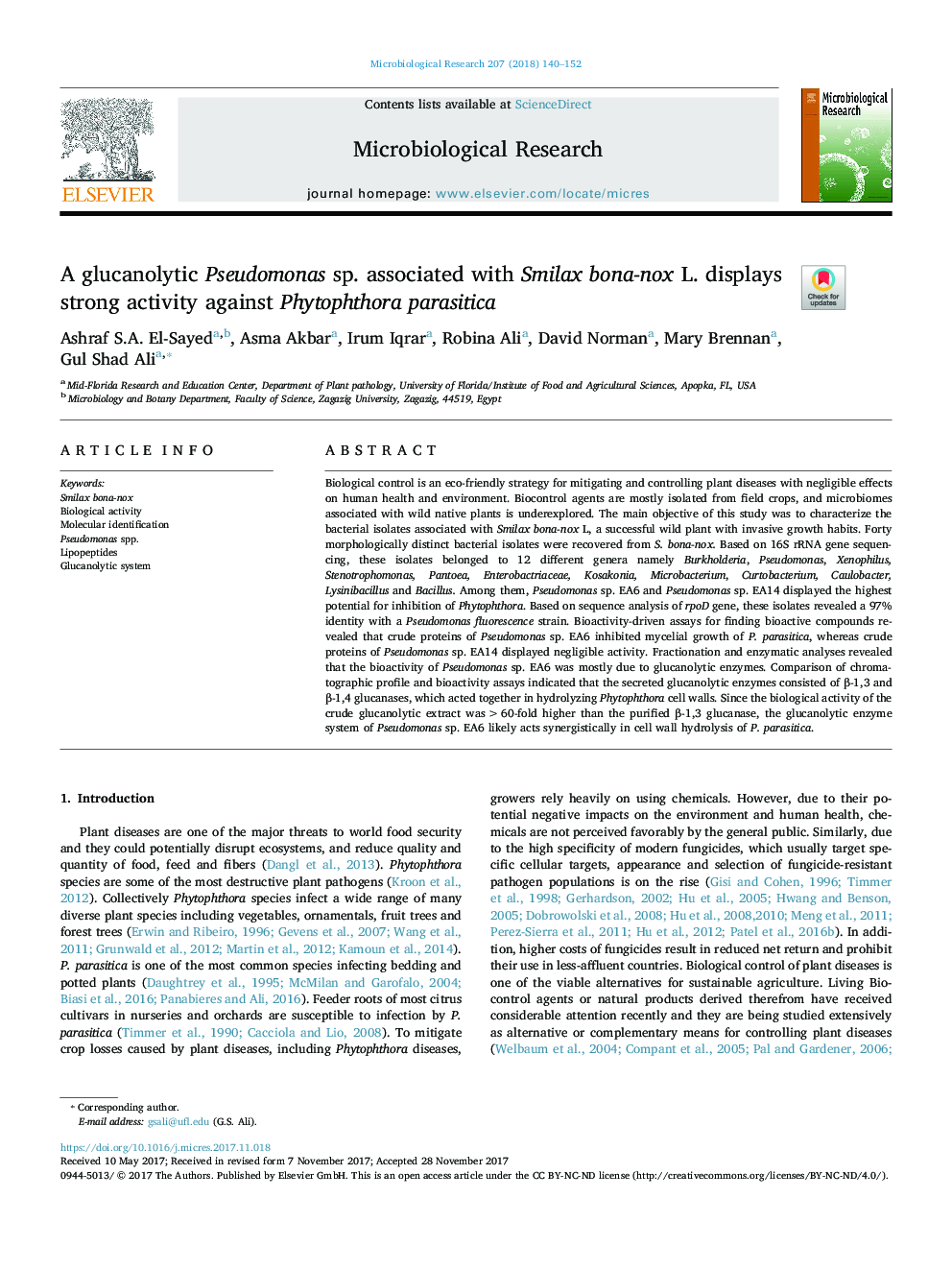 A glucanolytic Pseudomonas sp. associated with Smilax bona-nox L. displays strong activity against Phytophthora parasitica