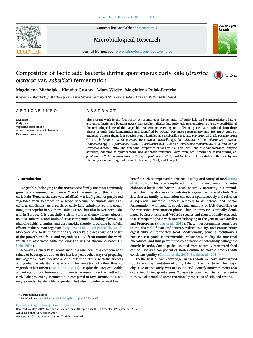 Composition of lactic acid bacteria during spontaneous curly kale (Brassica oleracea var. sabellica) fermentation