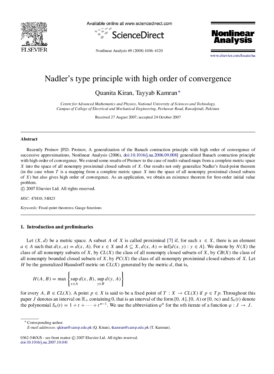 Nadler’s type principle with high order of convergence