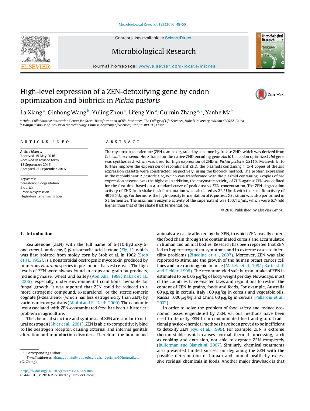 High-level expression of a ZEN-detoxifying gene by codon optimization and biobrick in Pichia pastoris