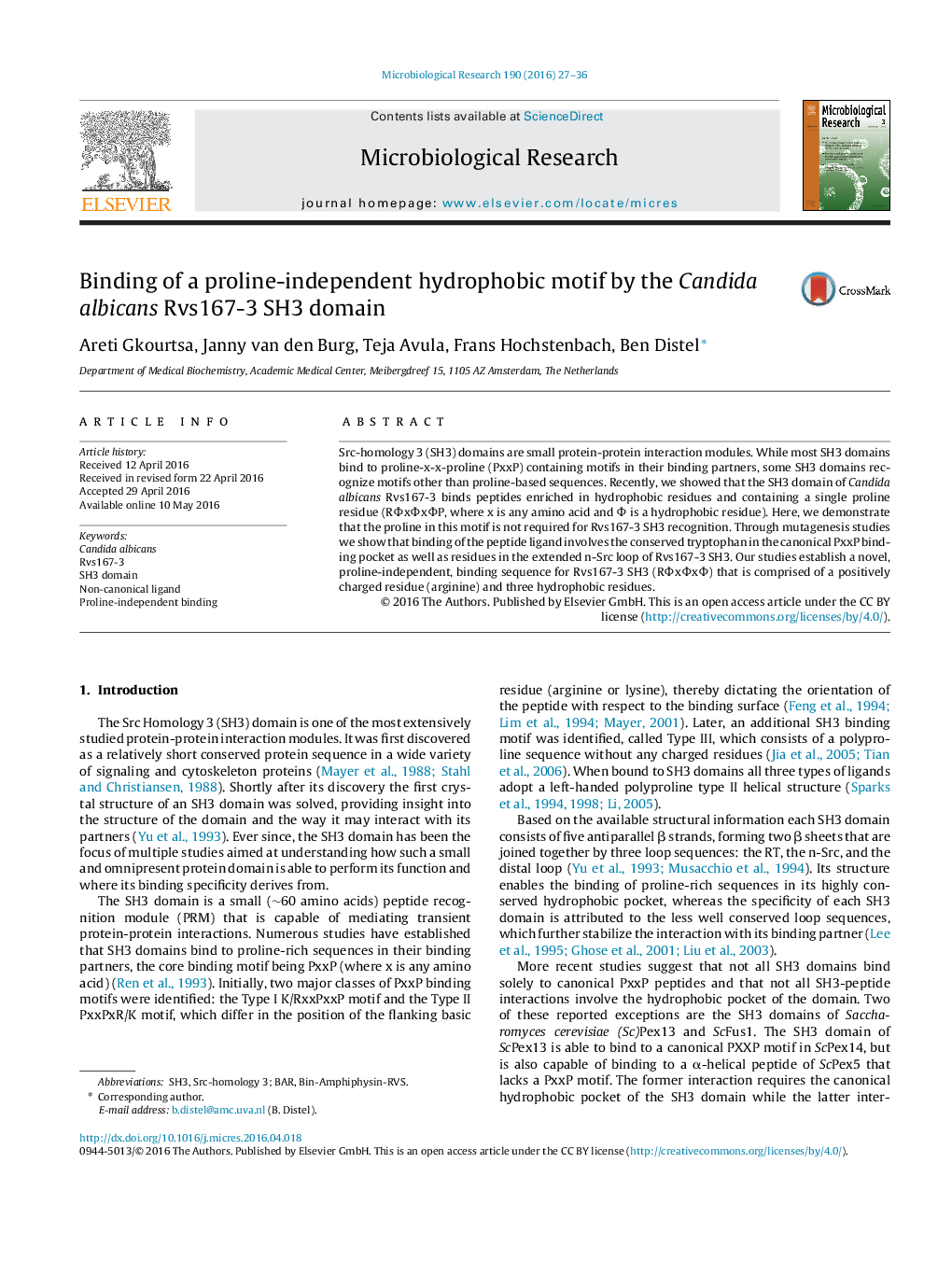 Binding of a proline-independent hydrophobic motif by the Candida albicans Rvs167-3 SH3 domain