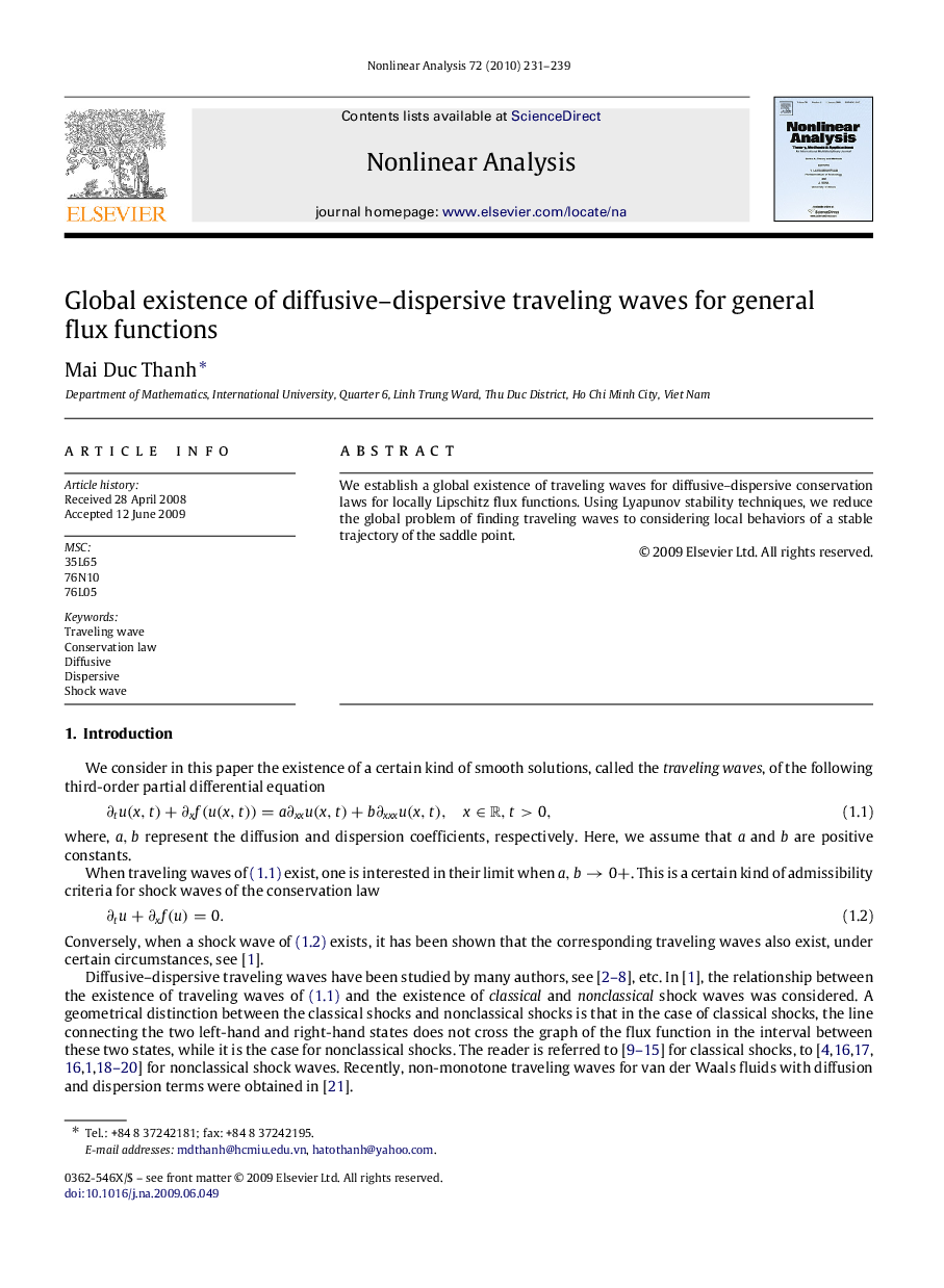 Global existence of diffusive-dispersive traveling waves for general flux functions