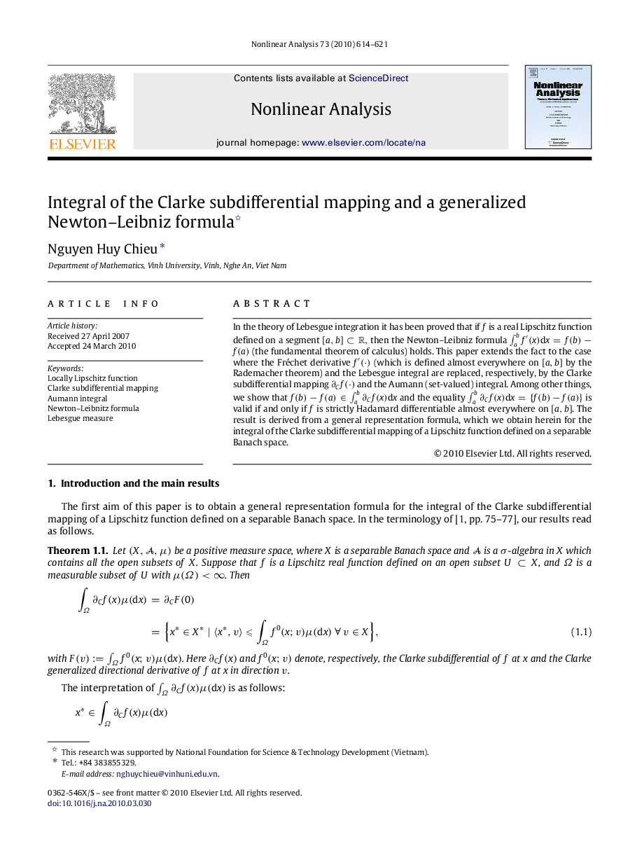 Integral of the Clarke subdifferential mapping and a generalized Newton–Leibniz formula 