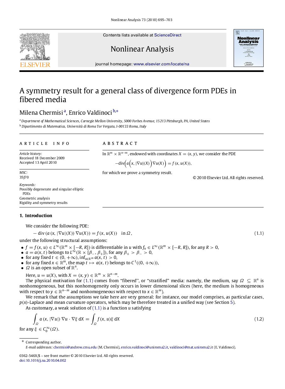 A symmetry result for a general class of divergence form PDEs in fibered media