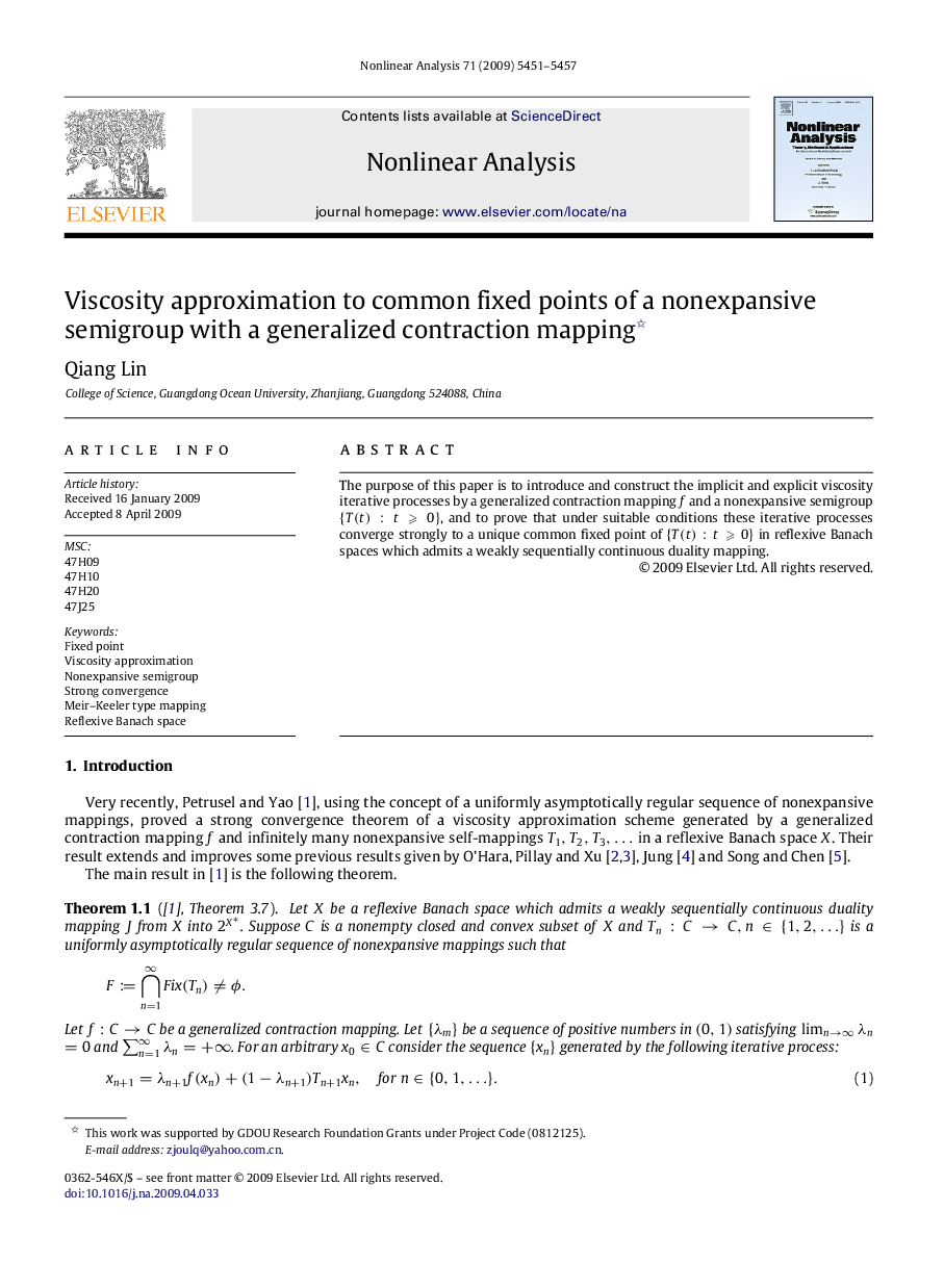 Viscosity approximation to common fixed points of a nonexpansive semigroup with a generalized contraction mapping 