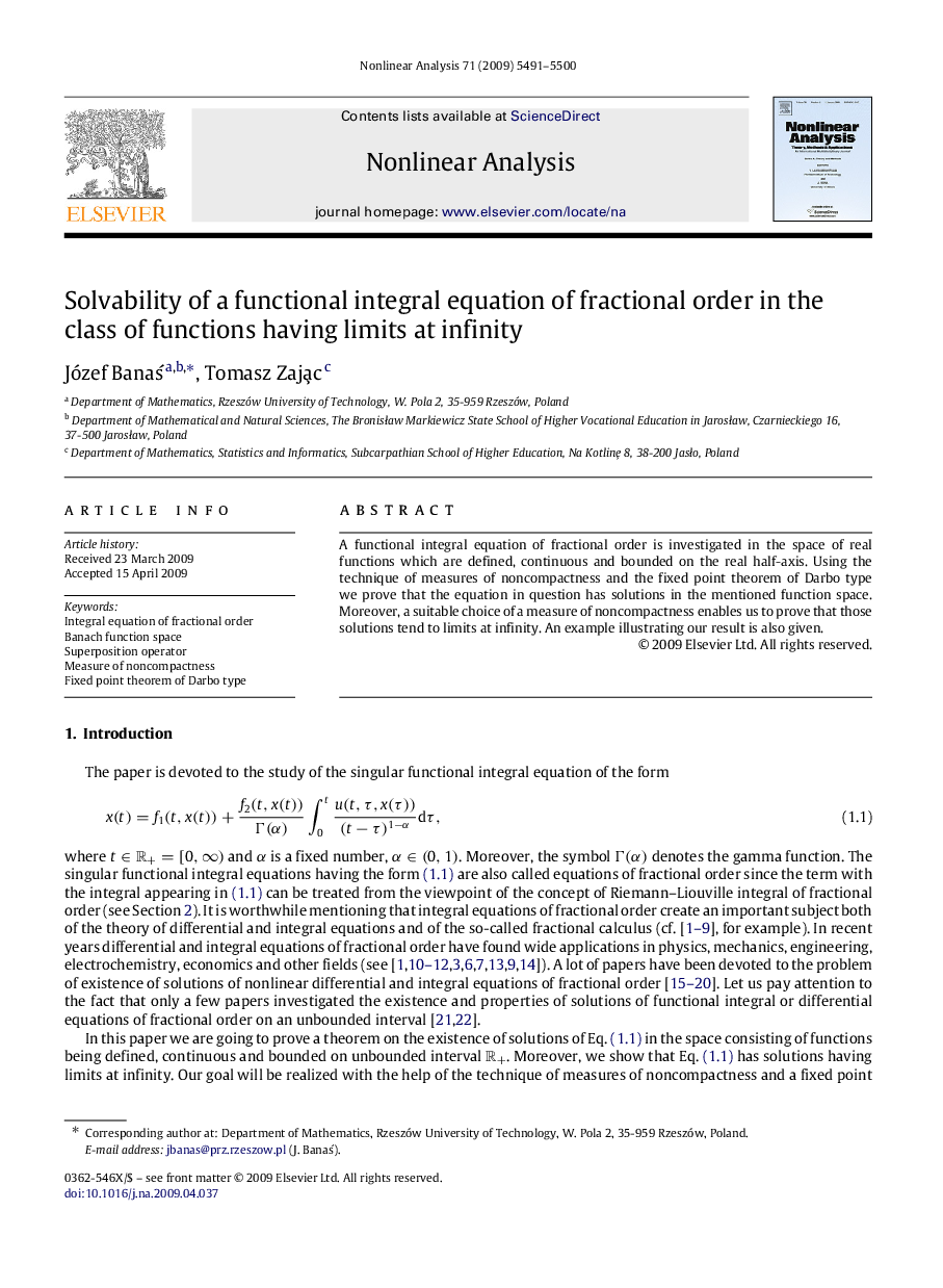 عکس صفحه اول مقاله: Solvability of a functional integral equation of fractional order in the class of functions having limits at infinity Solvability of a functional integral equation of fractional order in the class of functions having limits at infinity
