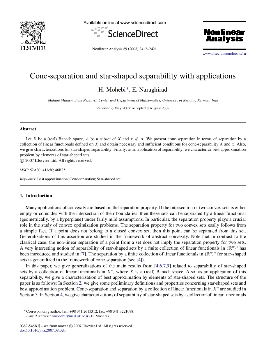 Cone-separation and star-shaped separability with applications