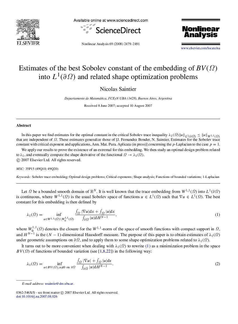Estimates of the best Sobolev constant of the embedding of BV(Ω) into L1(∂Ω)L1(∂Ω) and related shape optimization problems