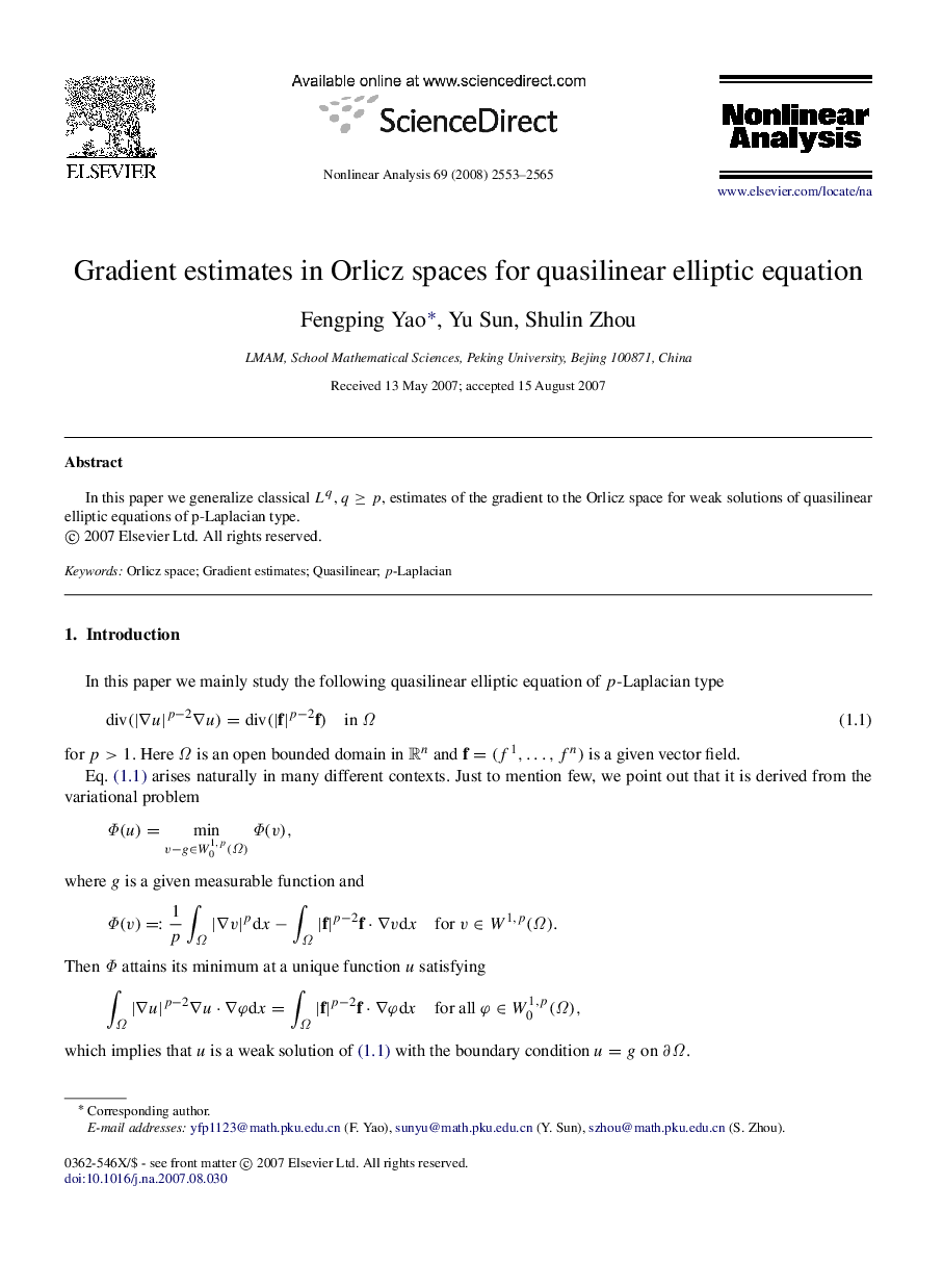 Gradient estimates in Orlicz spaces for quasilinear elliptic equation