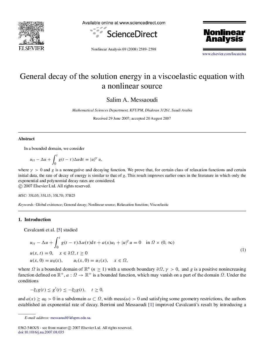 General decay of the solution energy in a viscoelastic equation with a nonlinear source