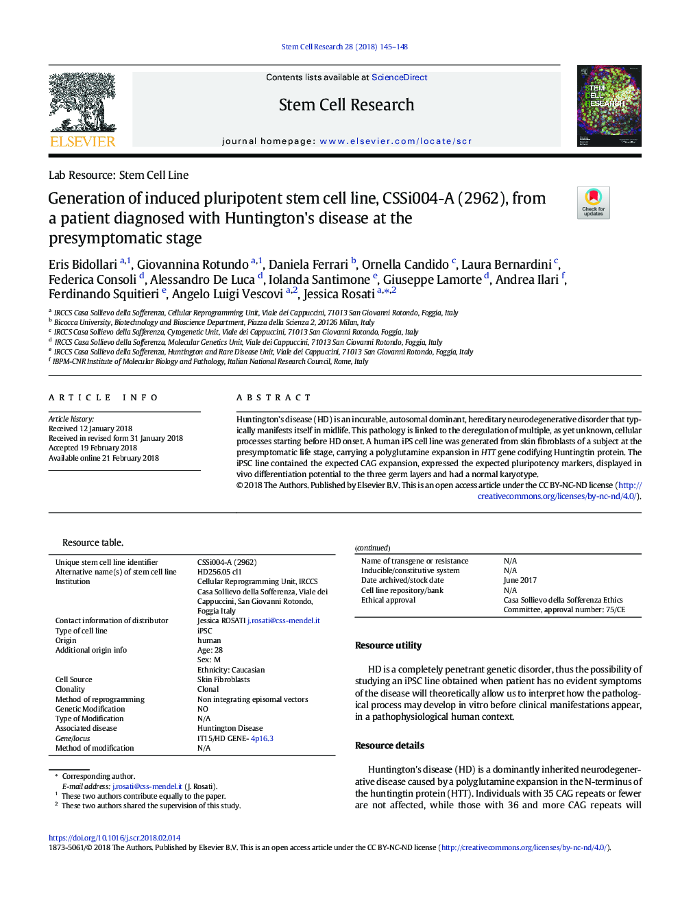 Generation of induced pluripotent stem cell line, CSSi004-A (2962), from a patient diagnosed with Huntington's disease at the presymptomatic stage