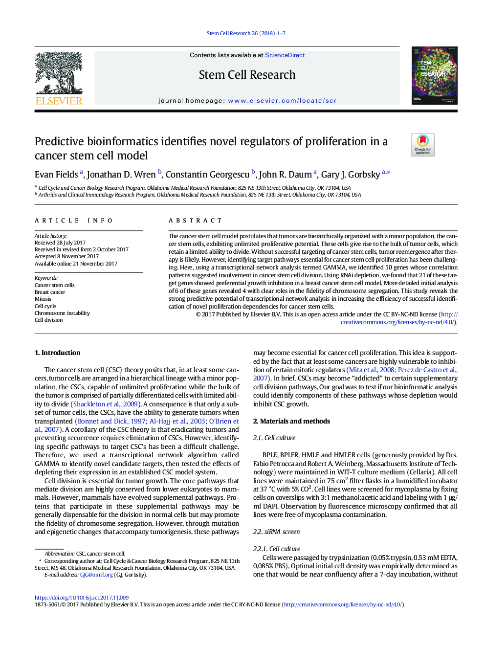 Predictive bioinformatics identifies novel regulators of proliferation in a cancer stem cell model