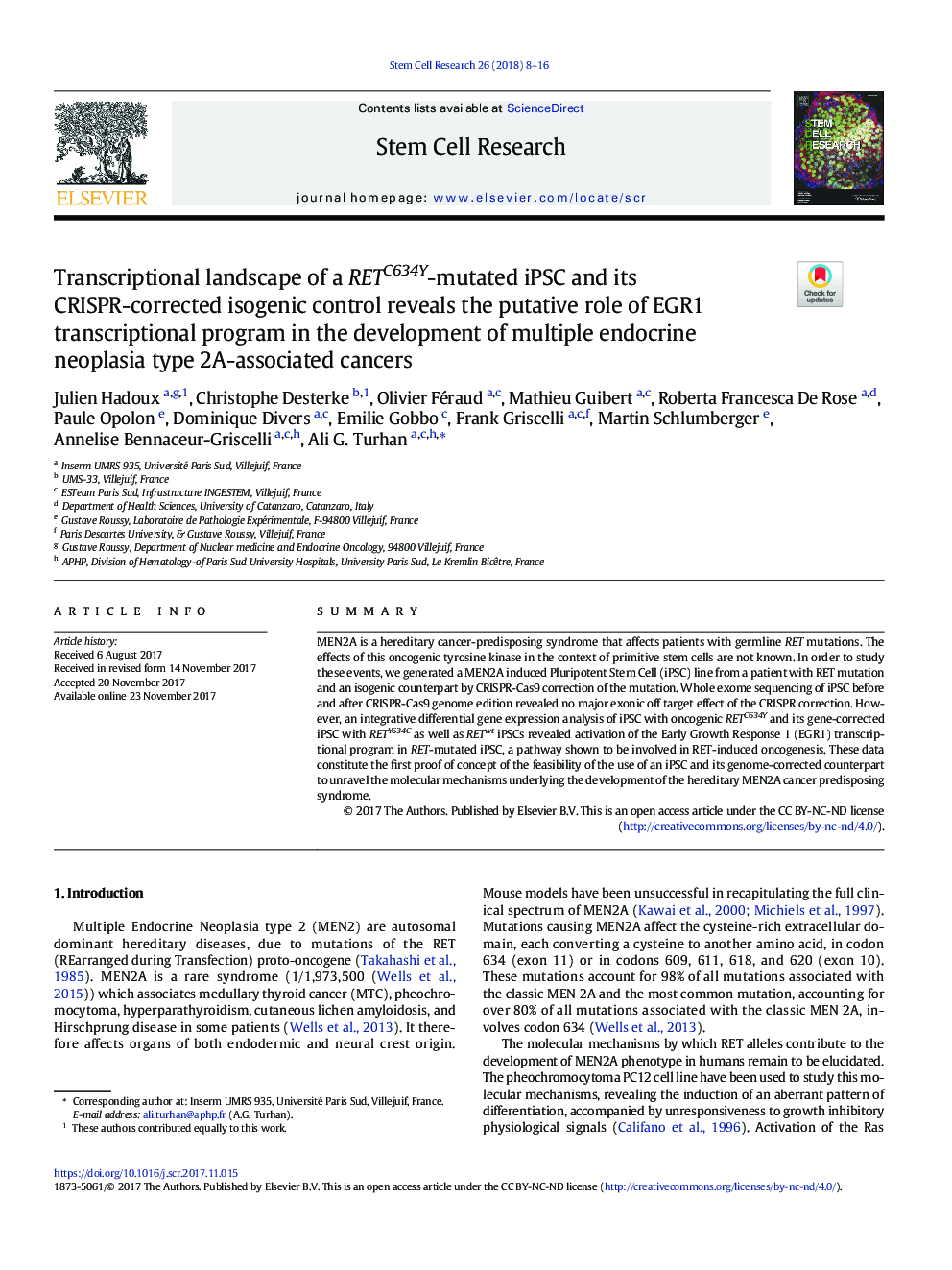 Transcriptional landscape of a RETC634Y-mutated iPSC and its CRISPR-corrected isogenic control reveals the putative role of EGR1 transcriptional program in the development of multiple endocrine neoplasia type 2A-associated cancers