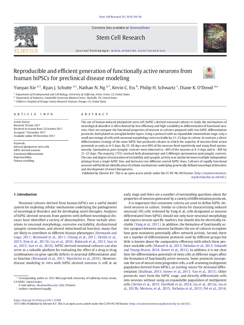 Reproducible and efficient generation of functionally active neurons from human hiPSCs for preclinical disease modeling