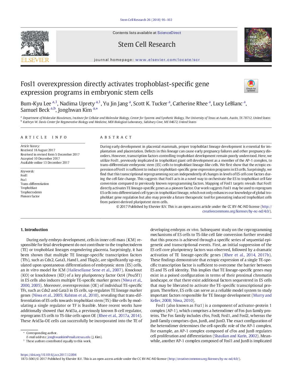 Fosl1 overexpression directly activates trophoblast-specific gene expression programs in embryonic stem cells