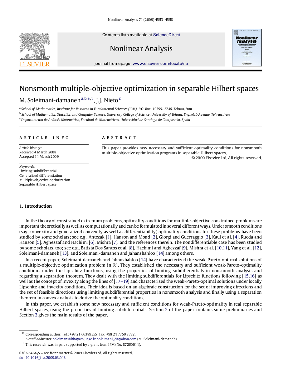 Nonsmooth multiple-objective optimization in separable Hilbert spaces