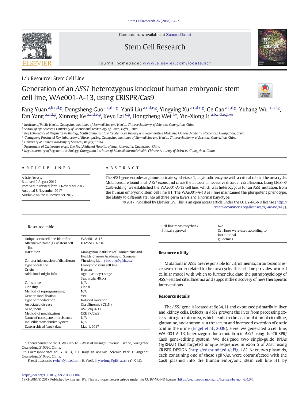 Generation of an ASS1 heterozygous knockout human embryonic stem cell line, WAe001-A-13, using CRISPR/Cas9