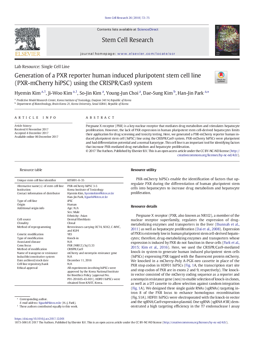 Generation of a PXR reporter human induced pluripotent stem cell line (PXR-mCherry hiPSC) using the CRISPR/Cas9 system