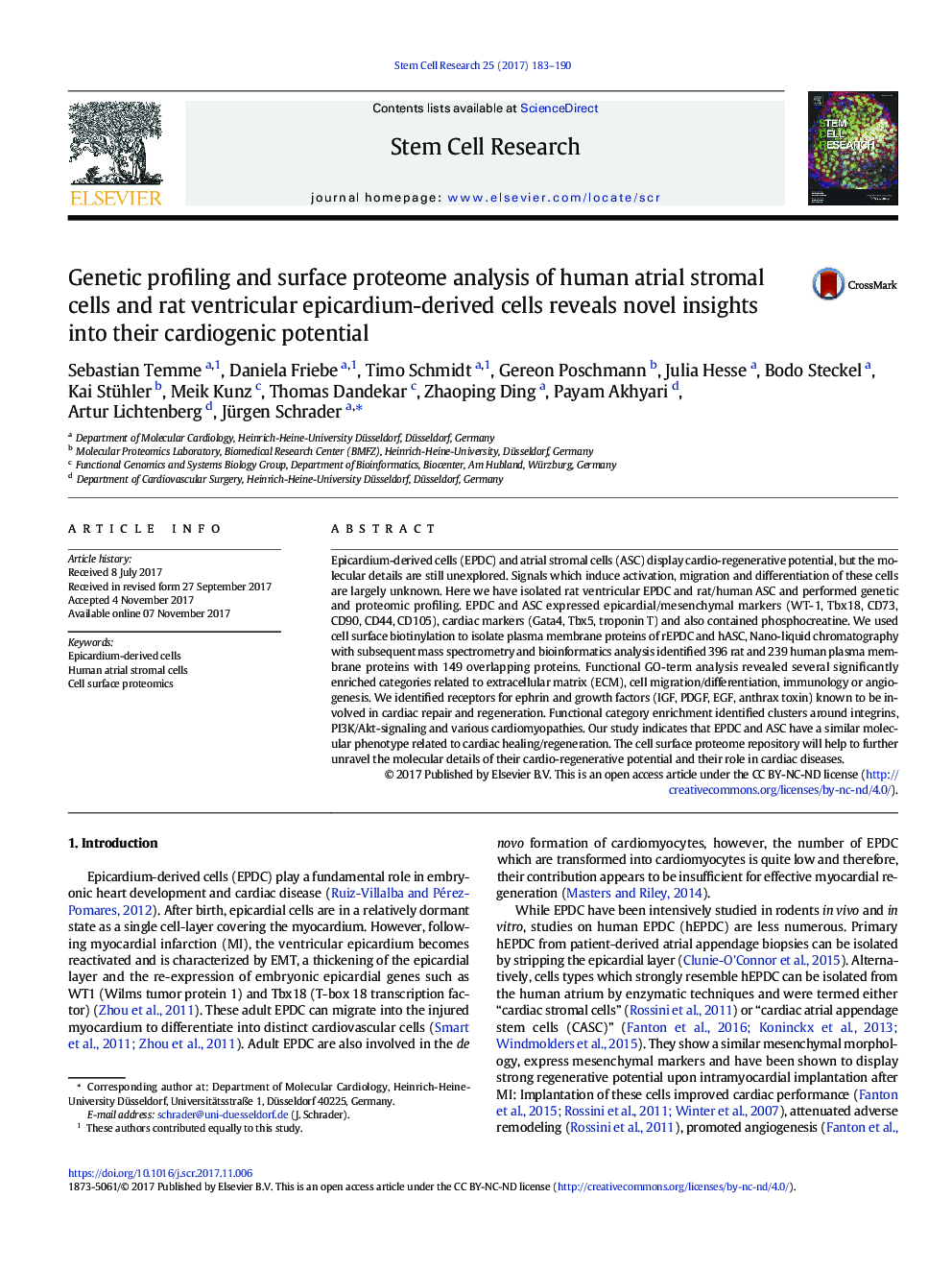 Genetic profiling and surface proteome analysis of human atrial stromal cells and rat ventricular epicardium-derived cells reveals novel insights into their cardiogenic potential