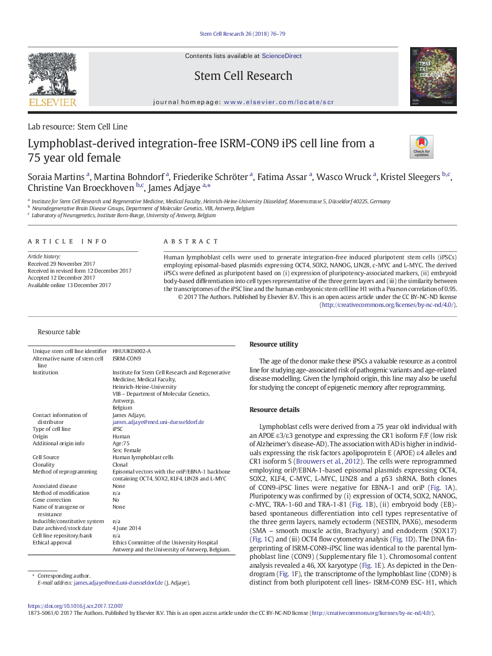 Lymphoblast-derived integration-free ISRM-CON9 iPS cell line from a 75Â year old female