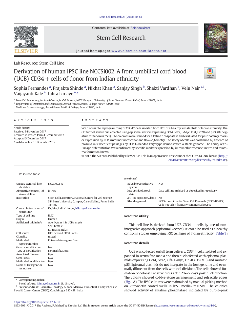 Derivation of human iPSC line NCCSi002-A from umbilical cord blood (UCB) CD34Â +Â cells of donor from Indian ethnicity