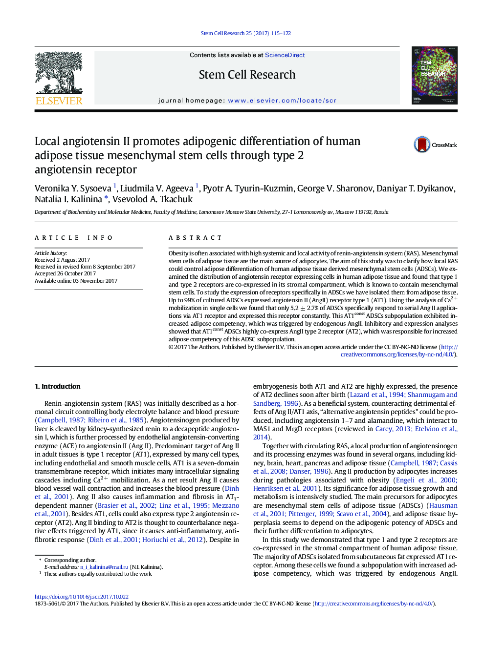 Local angiotensin II promotes adipogenic differentiation of human adipose tissue mesenchymal stem cells through type 2 angiotensin receptor