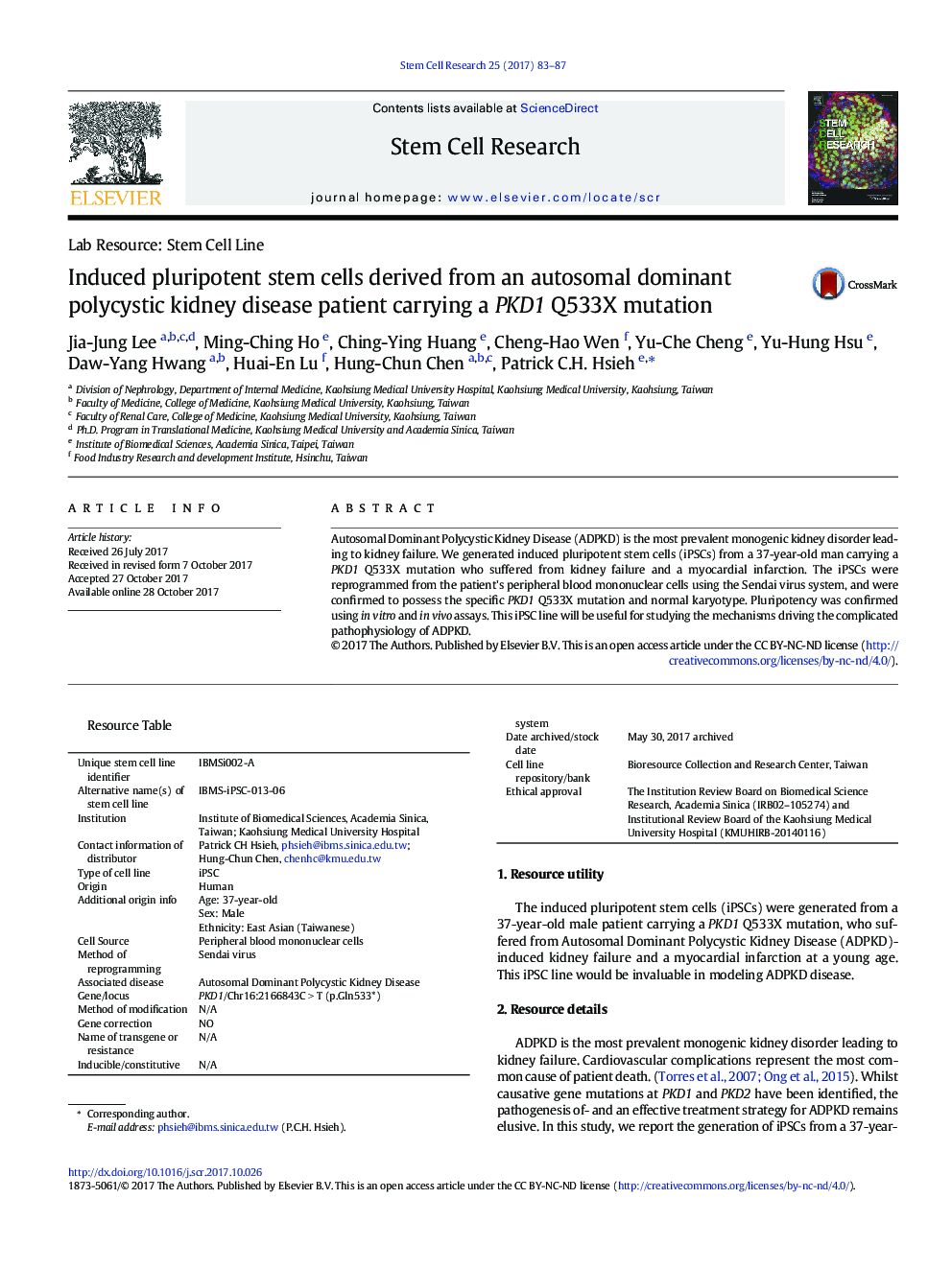 Induced pluripotent stem cells derived from an autosomal dominant polycystic kidney disease patient carrying a PKD1 Q533X mutation