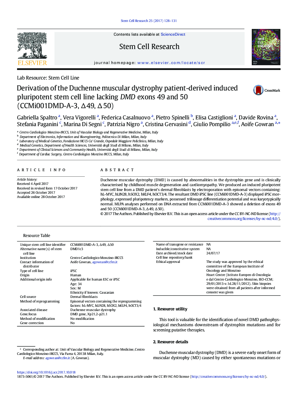 Derivation of the Duchenne muscular dystrophy patient-derived induced pluripotent stem cell line lacking DMD exons 49 and 50 (CCMi001DMD-A-3, âÂ 49, âÂ 50)