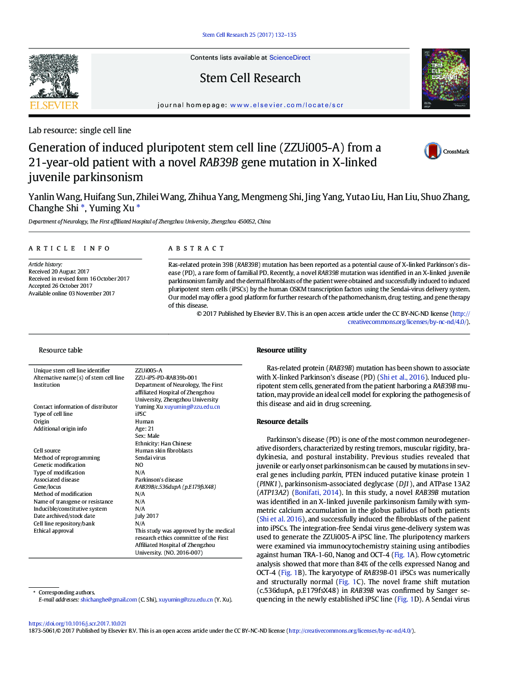 Generation of induced pluripotent stem cell line (ZZUi005-A) from a 21-year-old patient with a novel RAB39B gene mutation in X-linked juvenile parkinsonism