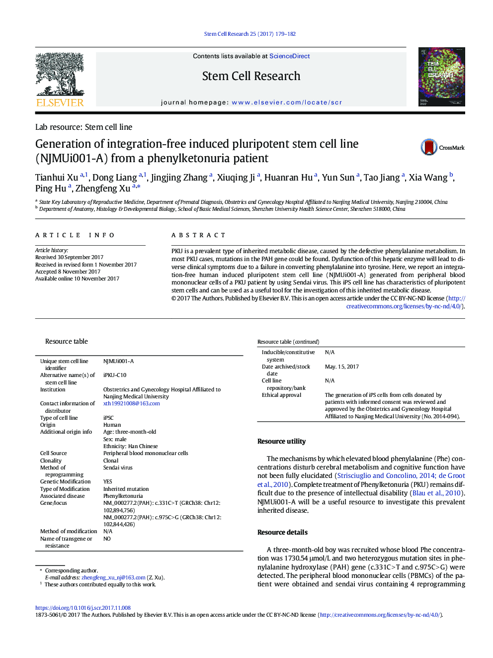 Generation of integration-free induced pluripotent stem cell line (NJMUi001-A) from a phenylketonuria patient