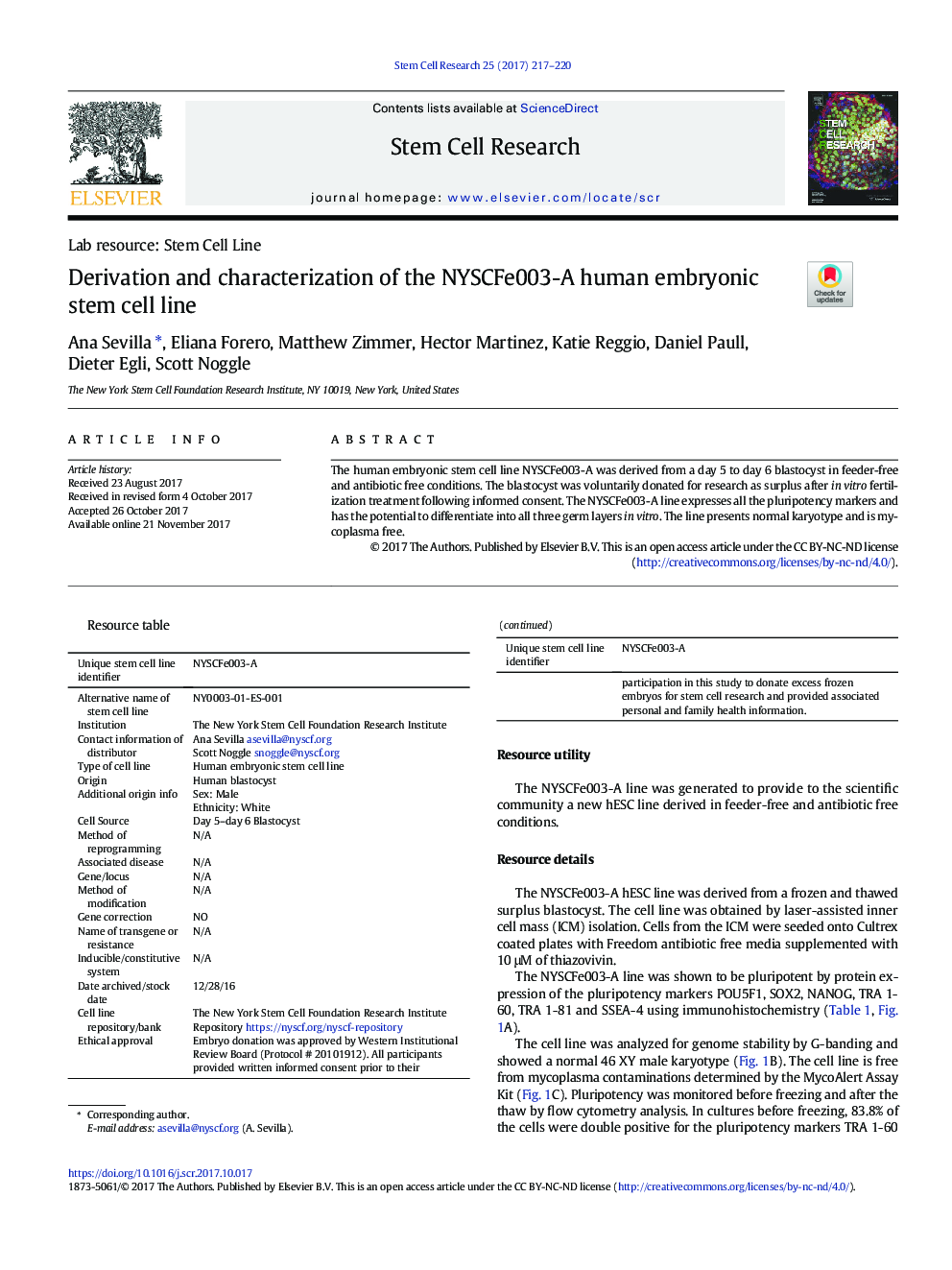 Derivation and characterization of the NYSCFe003-A human embryonic stem cell line