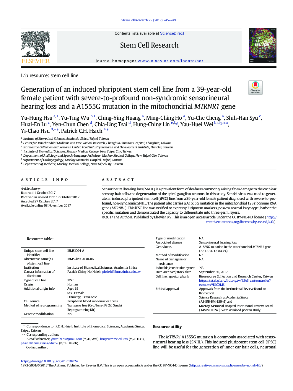 Generation of an induced pluripotent stem cell line from a 39-year-old female patient with severe-to-profound non-syndromic sensorineural hearing loss and a A1555G mutation in the mitochondrial MTRNR1 gene