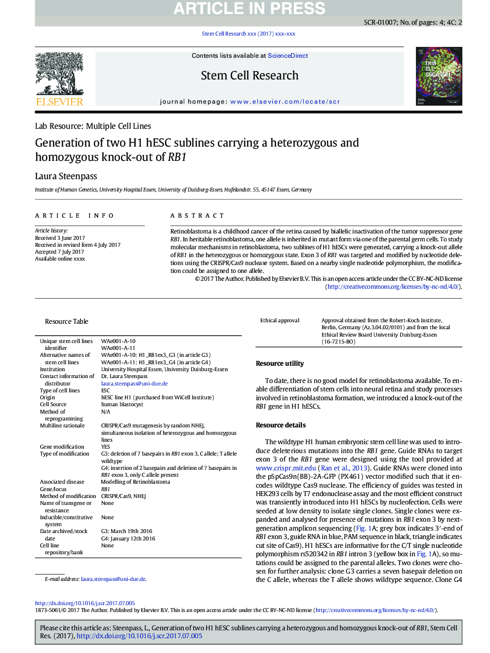 Generation of two H1 hESC sublines carrying a heterozygous and homozygous knock-out of RB1