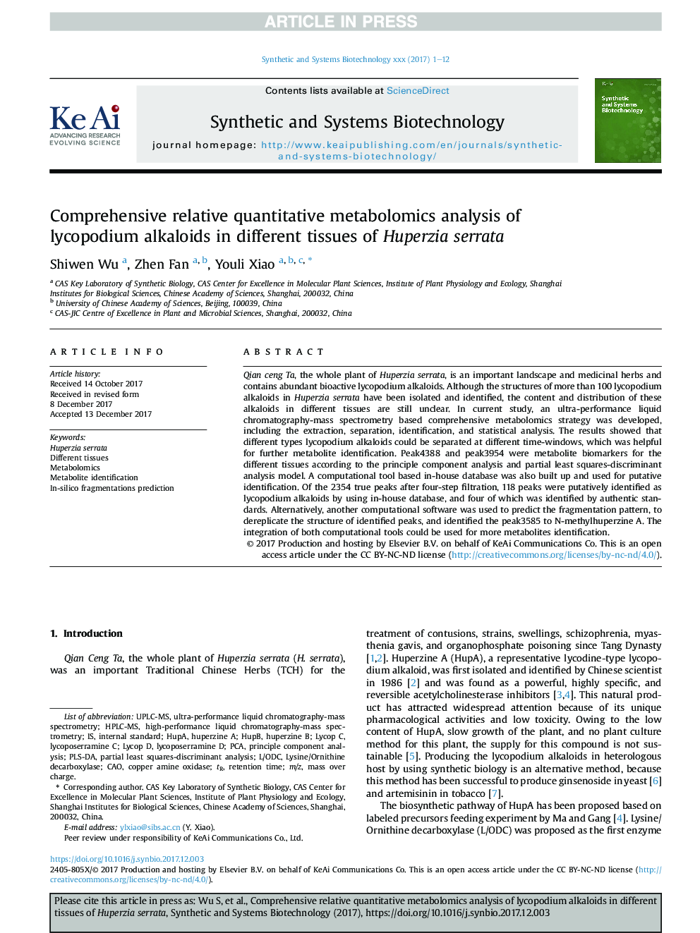 Comprehensive relative quantitative metabolomics analysis of lycopodium alkaloids in different tissues of Huperzia serrata