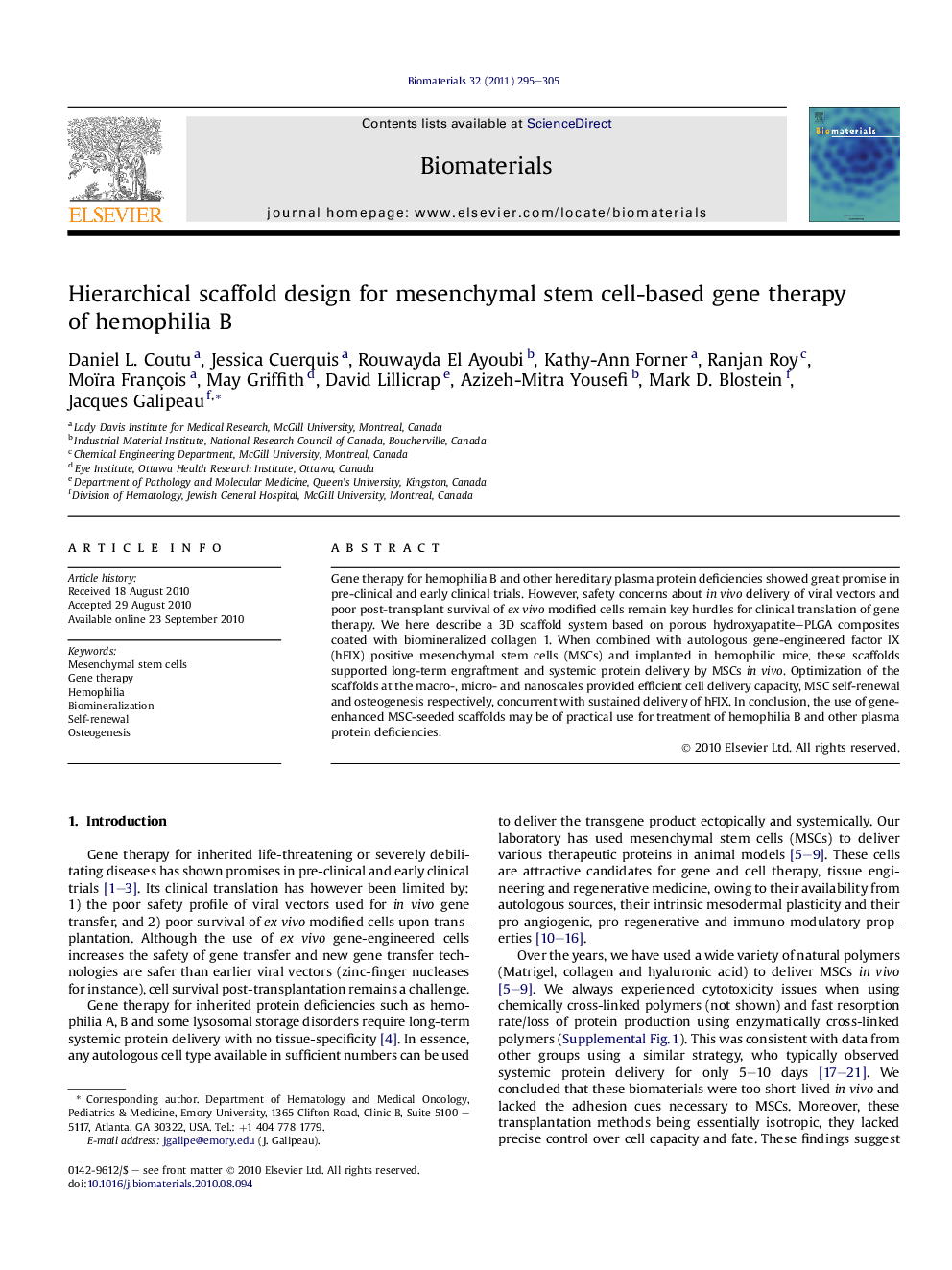 Hierarchical scaffold design for mesenchymal stem cell-based gene therapy of hemophilia B